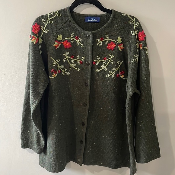 Penningtons Tops - Penningtons Green Floral & Leaves Chunky Embroidered Fall Cardigan Plus Size 1X
